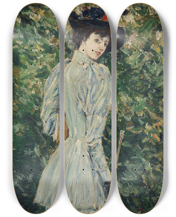 Triptych art skateboard deck of Childe Hassam Lady In A Garden by Childe Hassam (1859-1935)
