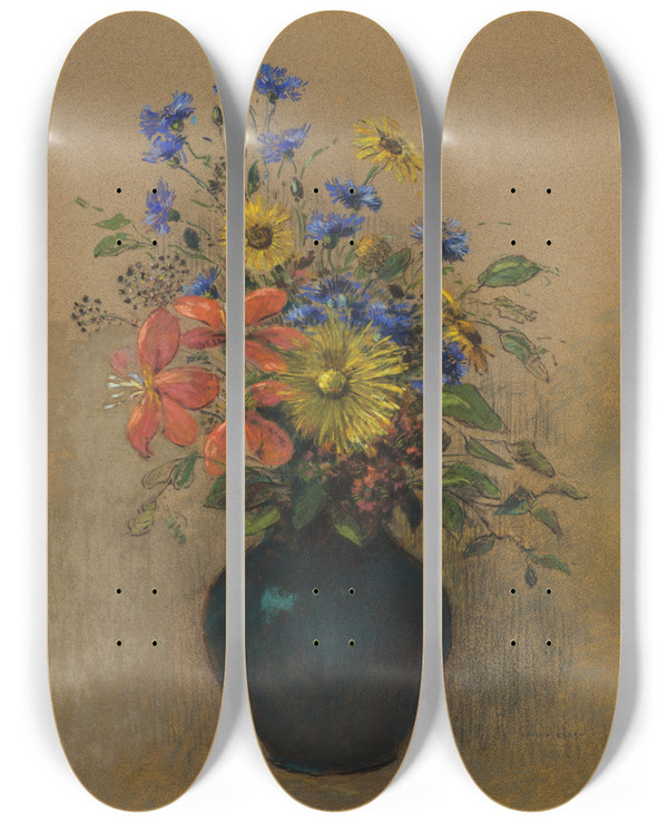 Triptych art skateboard deck of Odilon Redon Wildflowers by Odilon Redon (1840-1916)