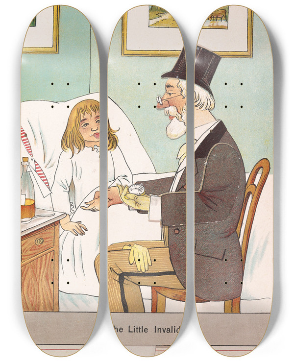 Triptych art skateboard deck of Lothar Meggendorfer The Little Invalid by Lothar Meggendorfer (1847-1925)