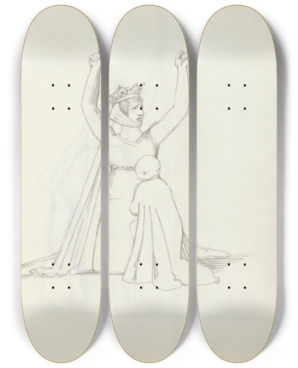 Triptych art skateboard deck of John Flaxman Mrs Siddons Kneeling With Arms Raised Over Her Head Hands Are Curled Into Fist by John Flaxman (1755-1826)