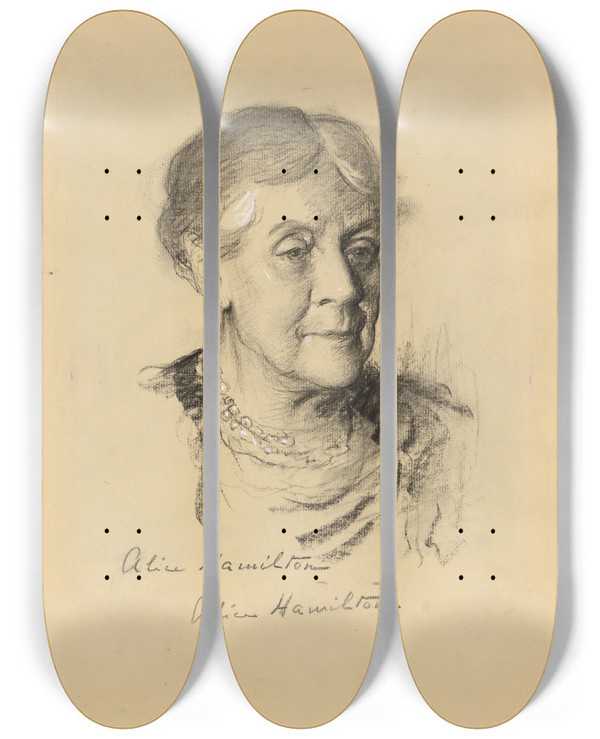 Triptych art skateboard deck of Samuel Johnson Woolf Alice Hamilton by Samuel Johnson Woolf (1880-1948)