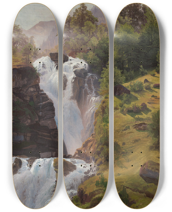 Triptych art skateboard deck of Johann Wilhelm Schirmer Der Reichenbachfall Bei Meiringen by Johann Wilhelm Schirmer (1807-1863)