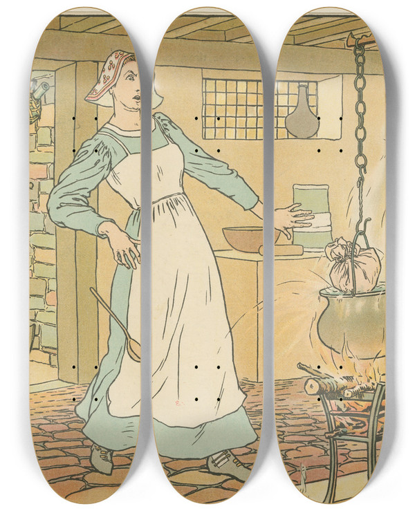 Triptych art skateboard deck of Leonard Leslie Brooke Tom Trapped In A Pudding by Leonard Leslie Brooke (1862-1940)