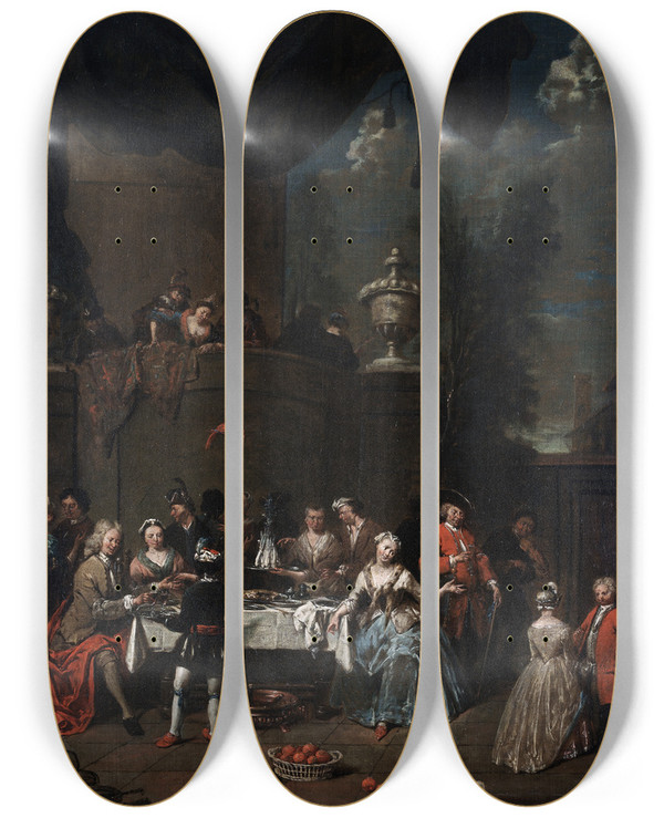 Triptych art skateboard deck of Jan Baptist Lambrechts Garden Party In Front Of A Castle by Jan Baptist Lambrechts (1680-1731)