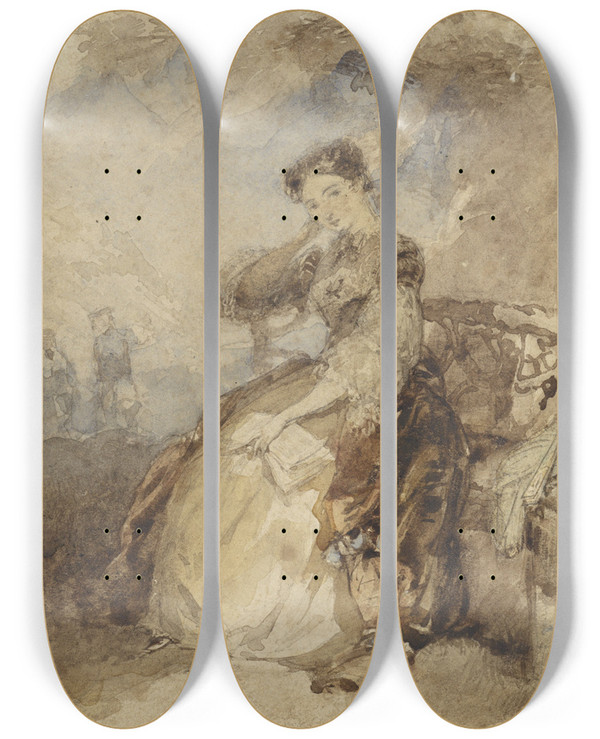 Triptych art skateboard deck of Charles Rochussen Dame Zittend Op Een Bankje Onder Een Boom Met Een Boek In De Hand by Charles Rochussen (1814-1894)