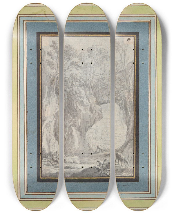 Triptych art skateboard deck of Abraham Genoels Ii St Jerome In Thewilderness by Abraham Genoels Ii (1640-1723)