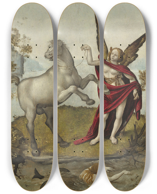 Triptych art skateboard deck of Piero Di Cosimo Allegory by Piero di Cosimo (1462-1521)