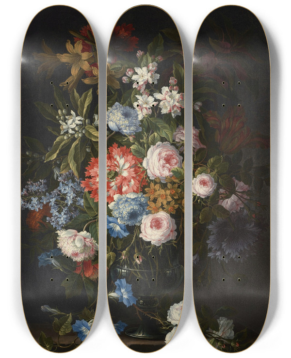 Triptych art skateboard deck of Antoine Monnoyer Roses Lilies Tulips Daffodils Morning Glories And Other Flowers In A Glass Vase On A Stone Ledge by Antoine Monnoyer (1670-1747)