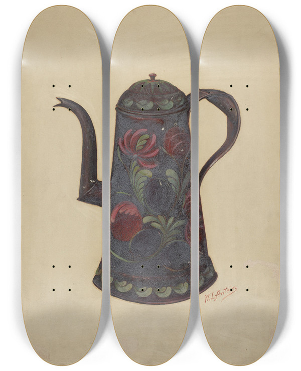 Triptych art skateboard deck of William L Antrim Toleware Coffee Pot by William L Antrim