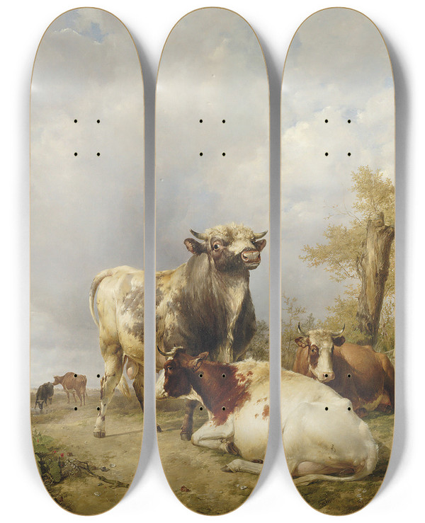 Triptych art skateboard deck of Thomas Sidney Cooper A Bull And Cows In A Landscape by Thomas Sidney Cooper (1803-1902)