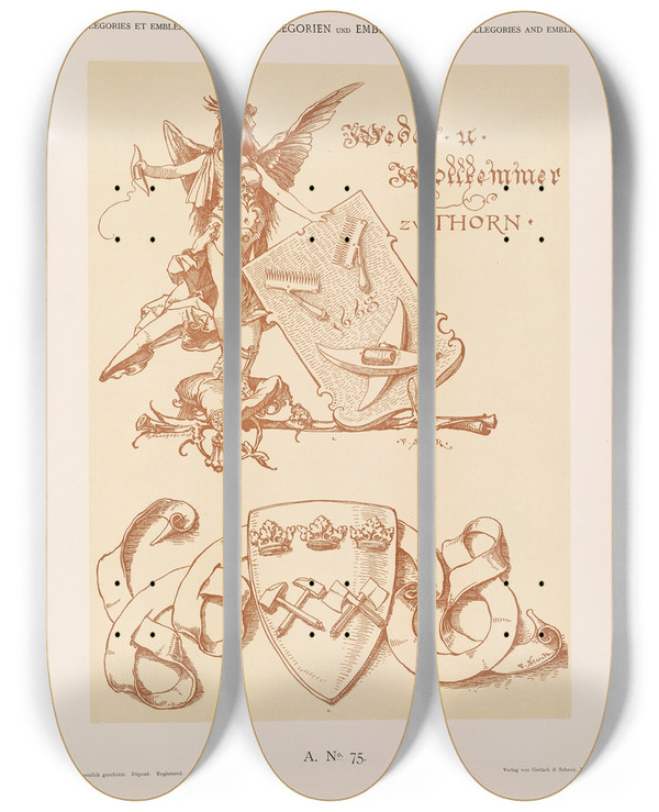 Triptych art skateboard deck of Albert Ilg Allegorien Und Embleme Vol Ii Pl085 by Albert Ilg (1847-1896)
