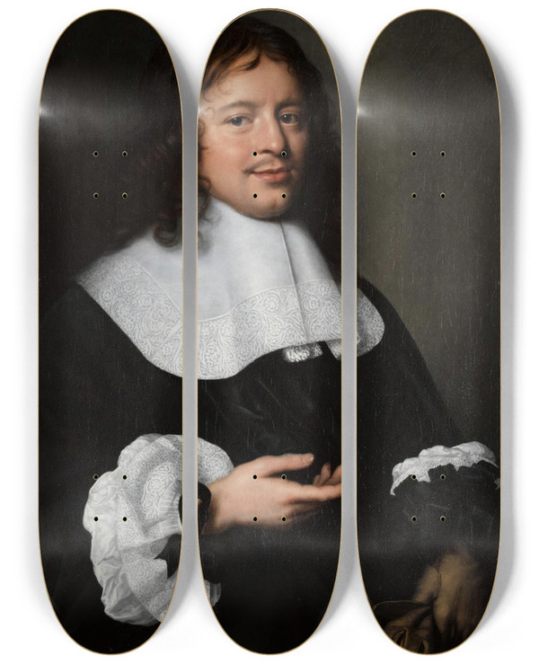 Triptych art skateboard deck of Pieter Nason A Portrait Of A Gentleman Halflength With A White Collar And Cuffs And Holding A Pair Of Gloves by Pieter Nason (1612-1688)