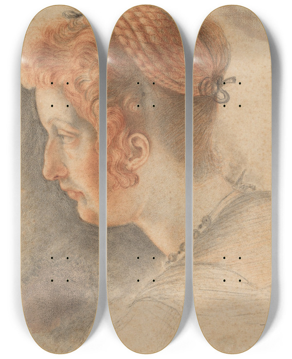 Triptych art skateboard deck of Italian 16Th Century Head Of A Woman by Italian 16th Century
