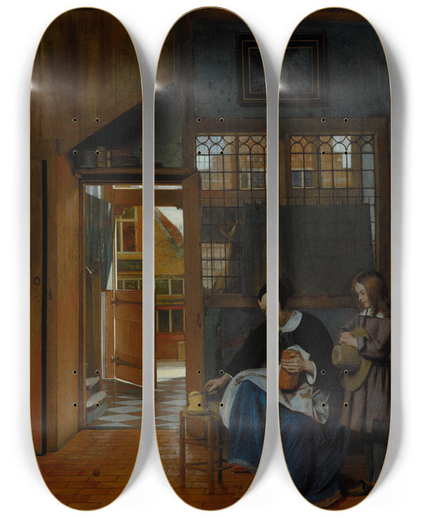Triptych art skateboard deck of Pieter De Hooch A Woman Preparing Bread And Butter For A Boy by Pieter De Hooch (1629-1684)