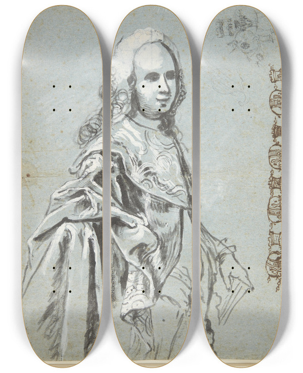 Triptych art skateboard deck of Carl Gustaf Pilo Studie Til Et Portrt Formentlig Af A G Moltke Til Hjre P Bladet Studie Til Elefantridderordenens Kde by Carl Gustaf Pilo (1711-1793)