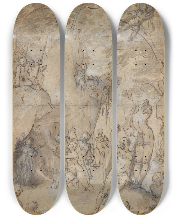 Triptych art skateboard deck of Bartholomaeus Spranger Diana And Actaeon by Bartholomaeus Spranger (1546-1611)