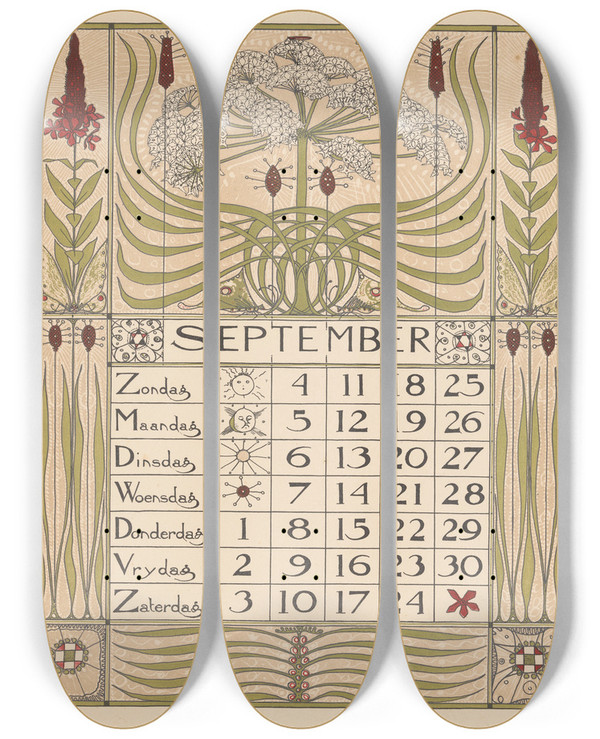 Triptych art skateboard deck of Theo Nieuwenhuis Kalenderblad Voor September 1898 by Theo Nieuwenhuis (1866-1951)