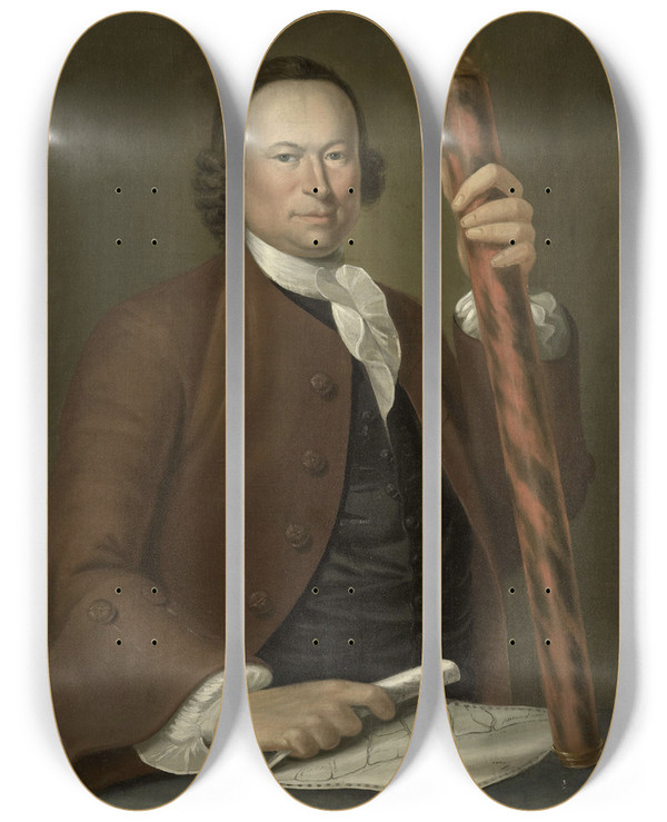 Triptych art skateboard deck of John Greenwood Portrait Of An Officer At Sea With Coastal Map And Binoculars In His Hand by John Greenwood (1727-1792)
