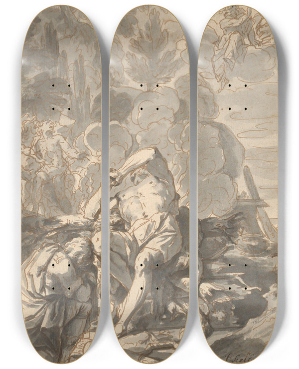 Triptych art skateboard deck of Johann Heinrich Keller Hercules On The Stake by Johann Heinrich Keller (1692-1765)