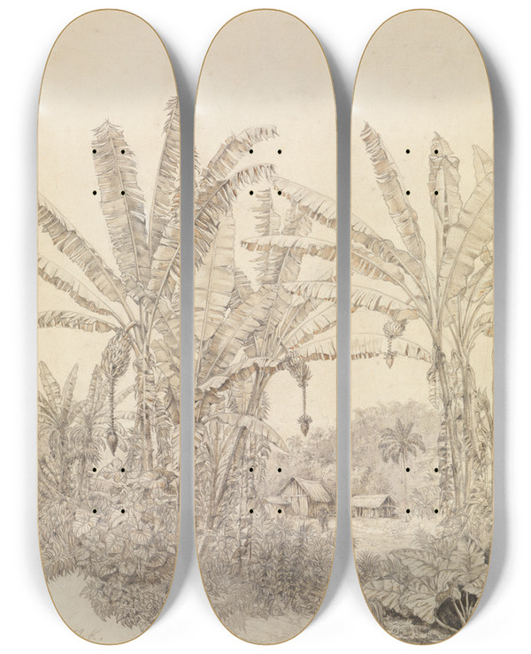 Triptych art skateboard deck of Ferdinand Keller Blick Auf Einige Huser Im Urwald Beim Parahyba by Ferdinand Keller (1842-1922)