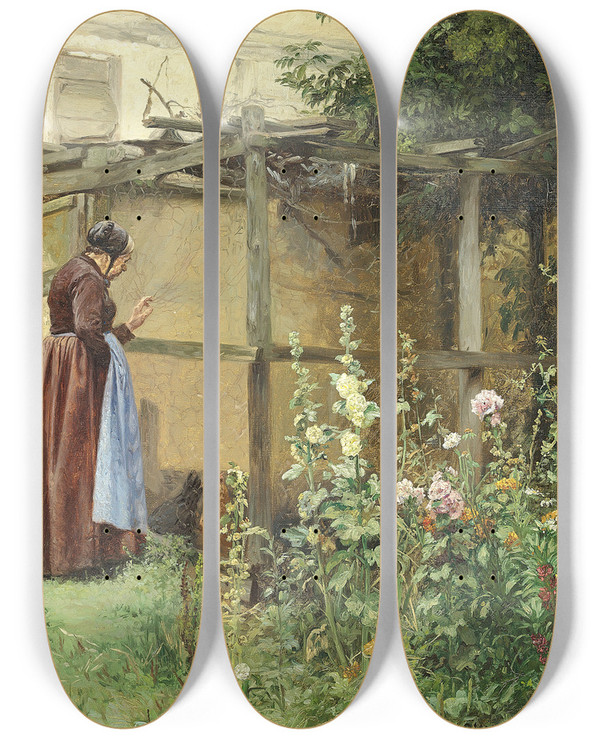 Triptych art skateboard deck of Cilius Andersen Der Var En Kone P Landet by Cilius Andersen (1865-1913)