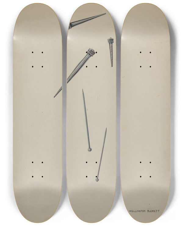 Triptych art skateboard deck of Wellington Blewett Nails And Pins by Wellington Blewett (20-)
