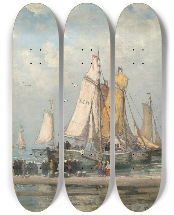 Triptych art skateboard deck of Hendrik Willem Mesdag The Return Of The Fishing Fleet On Scheveningen Beach by Hendrik Willem Mesdag (1831-1915)
