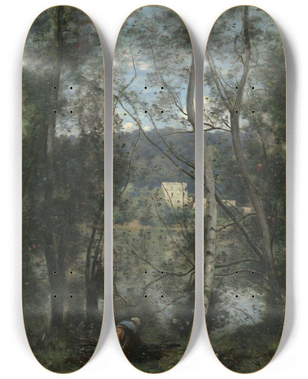 Triptych art skateboard deck of Jeanbaptistecamille Corot A Woman Gathering Faggots At Villedavray by Jean-Baptiste-Camille Corot (1796-1875)