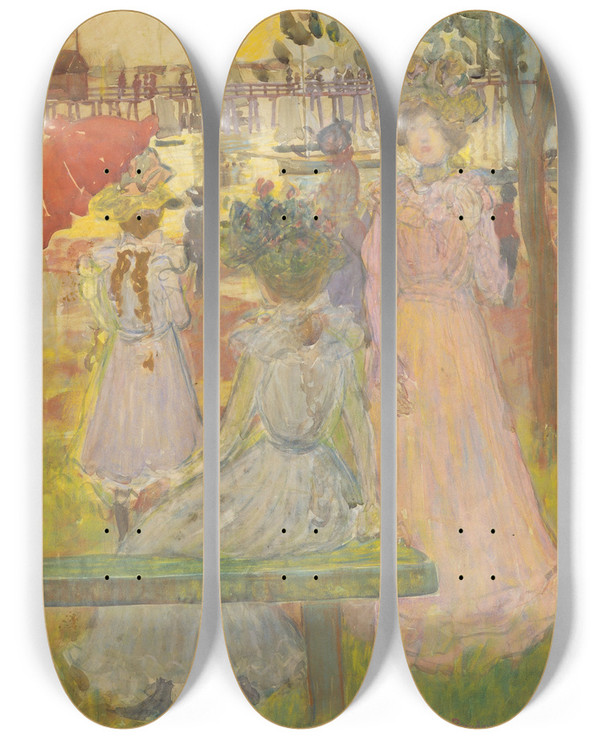 Triptych art skateboard deck of Maurice Prendergast Late Afternoon Summer by Maurice Prendergast (1858-1924)