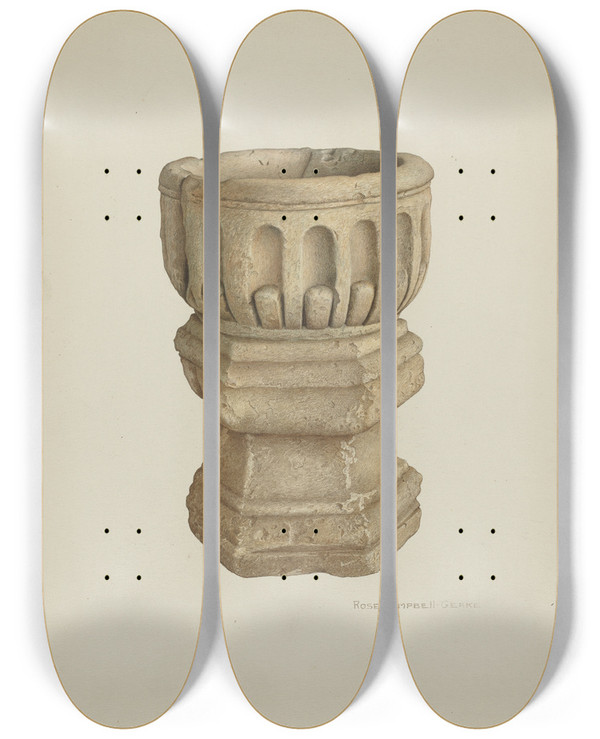 Triptych art skateboard deck of Rose Campbellgerke Stone Baptismal Font by Rose Campbell Gerke (1882)
