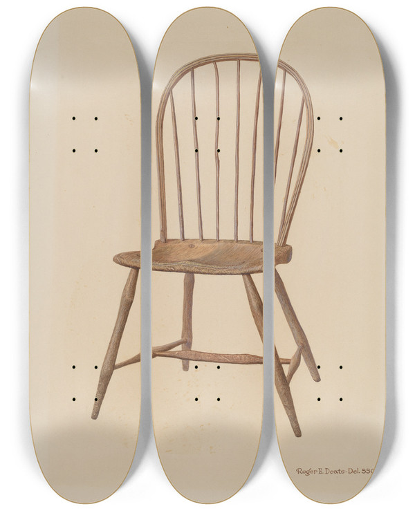 Triptych art skateboard deck of Roger Deats Windsor Combback Chair by Roger Deats