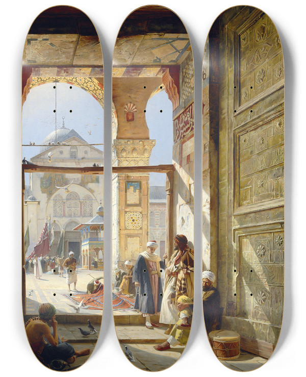 Triptych art skateboard deck of Gustav Bauernfeind The Gate Of The Great Umayyad Mosque Damascus by Gustav Bauernfeind (1848-1904)