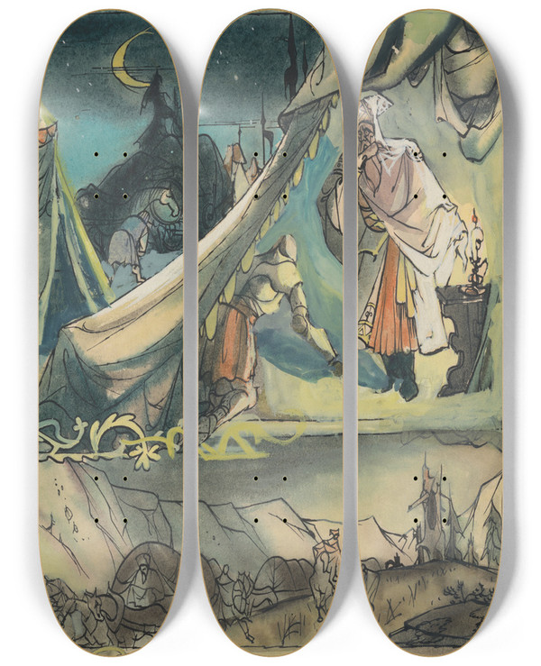 Triptych art skateboard deck of Jn Novk Fairy Tale Illustration by Jan Novak (1921-1944)