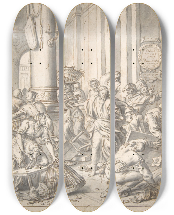 Triptych art skateboard deck of Matthias Scheits Christ Driving The Money Changers From The Temple by Matthias Scheits (1625-1700)