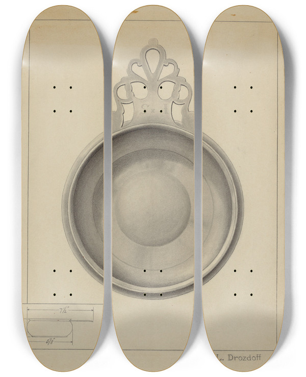 Triptych art skateboard deck of Leo Drozdoff Silver Porringer by Leo Drozdoff