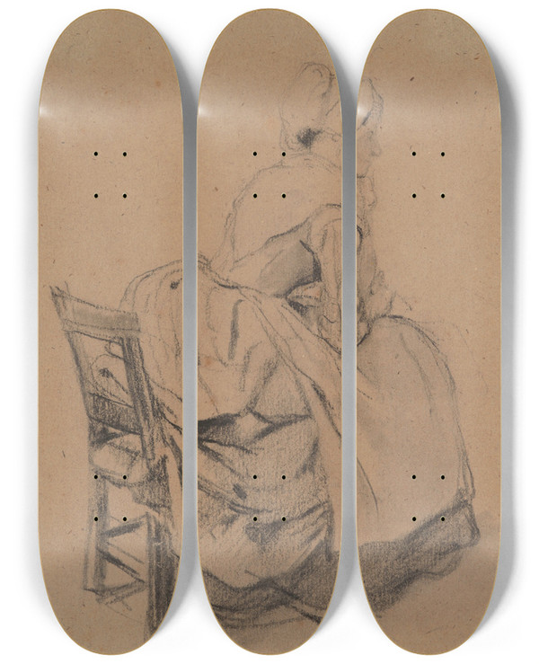 Triptych art skateboard deck of Jeanbaptiste Madou Seated Woman With Cap by Jean-Baptiste Madou (1796-1877)