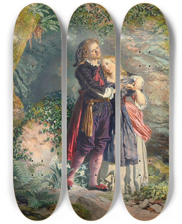 Triptych art skateboard deck of Henry Anelay Ferdinand And Miranda From The Tempest by Henry Anelay (1817-1883)