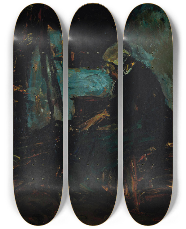 Triptych art skateboard deck of Suze Robertson Stoking The Fire by Suze Robertson (1856-1922)