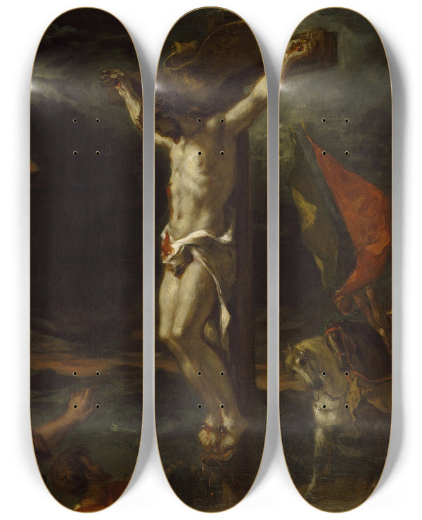 Triptych art skateboard deck of Eugne Delacroix Christ On The Cross by Eugene Delacroix (1798-1863)