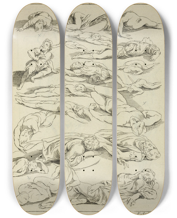 Triptych art skateboard deck of Peter Paul Rubens Several Figures In Prone And Supine Positions by Peter Paul Rubens (1577-1640)