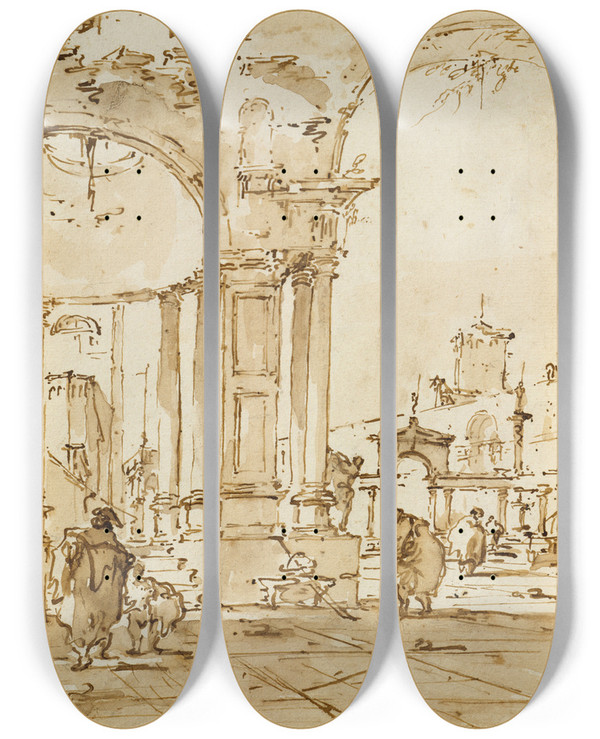 Triptych art skateboard deck of Francesco Guardi An Architectural Capriccio With Classical Ruins by Francesco Guardi (1712-1793)