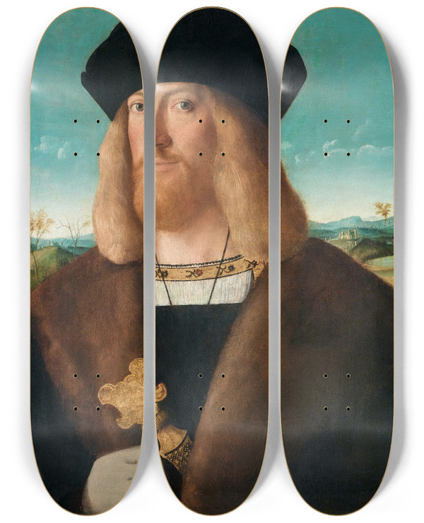 Triptych art skateboard deck of Bartolomeo Veneto Portrait Of A Bearded Man Halflength Wearing A Furlined Coat And Holding A Dagger A Landscape Beyond by Bartolomeo Veneto (1502-1531)