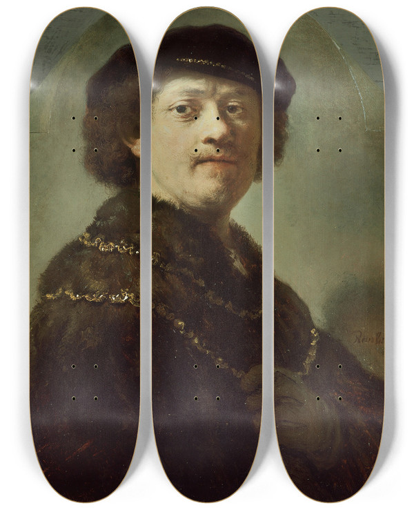 Triptych art skateboard deck of Rembrandt Van Rijn Selfportrait In A Black Cap by Rembrandt Van Rijn (1606-1669)
