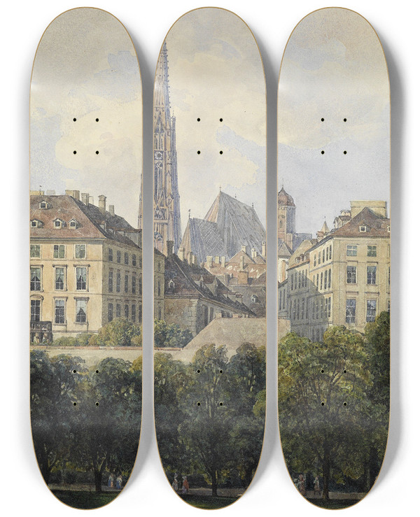 Triptych art skateboard deck of Thomas Ender Blick Auf Den Stephansdom Vom Glacis Aus by Thomas Ender (1793-1875)