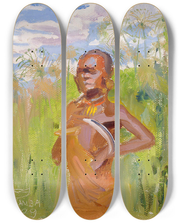 Triptych art skateboard deck of Akseli Gallenkallela Kikuyu In Papyrus Reeds by Akseli Gallen Kallela (1865-1931)