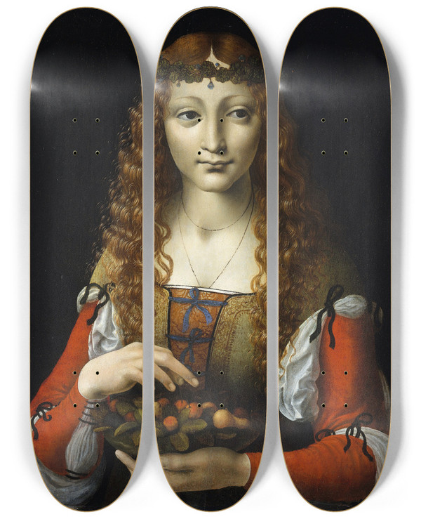 Triptych art skateboard deck of Marco D Oggiono Girl With Cherries by Marco d' Oggiono (1460-1524)