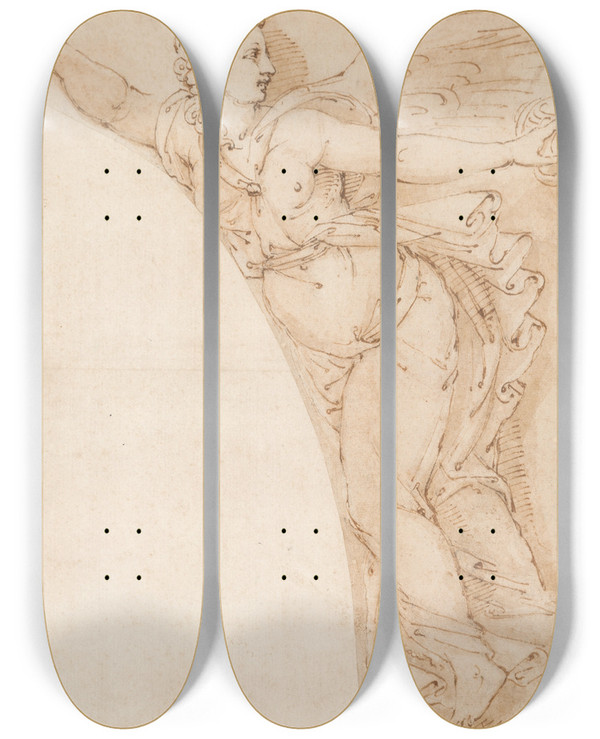 Triptych art skateboard deck of Giulio Romano Victory Holding A Jug by Giulio Romano (1492-1546)