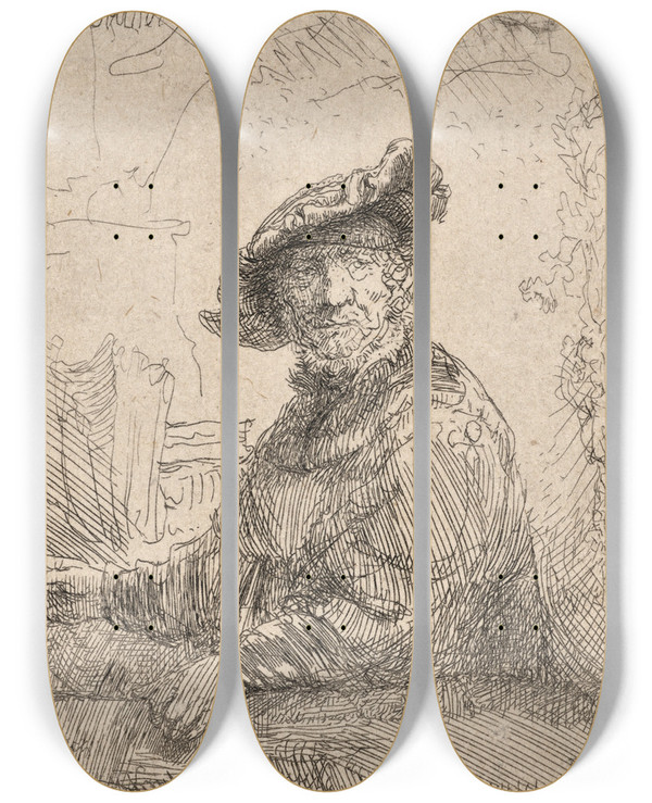 Triptych art skateboard deck of Rembrandt Van Rijn Man In An Arbour by Rembrandt Van Rijn (1606-1669)