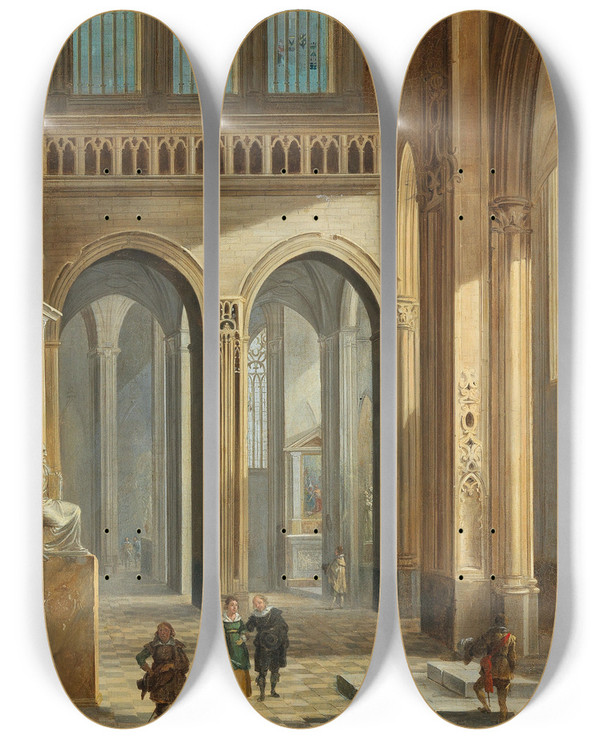 Triptych art skateboard deck of Johann Ludwig Ernst Morgenstern A Church Interior With Figures Dressed In Seventeenthcentury Costume by Johann Ludwig Ernst Morgenstern (1738-1819)
