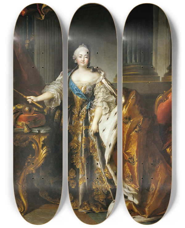 Triptych art skateboard deck of Louis Tocqu Elizabeth Petrovna by Louis Tocque (1696-1772)